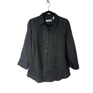 Liz Claiborne Black Linen Pintuck Button Front Shirt Blouse Women’s L Minimalist